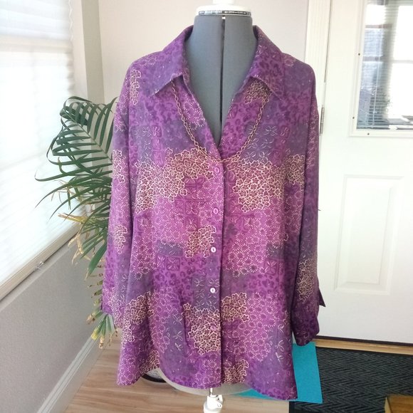 Joanna Plus Purple Print Button Down Blouse - Picture 2 of 11